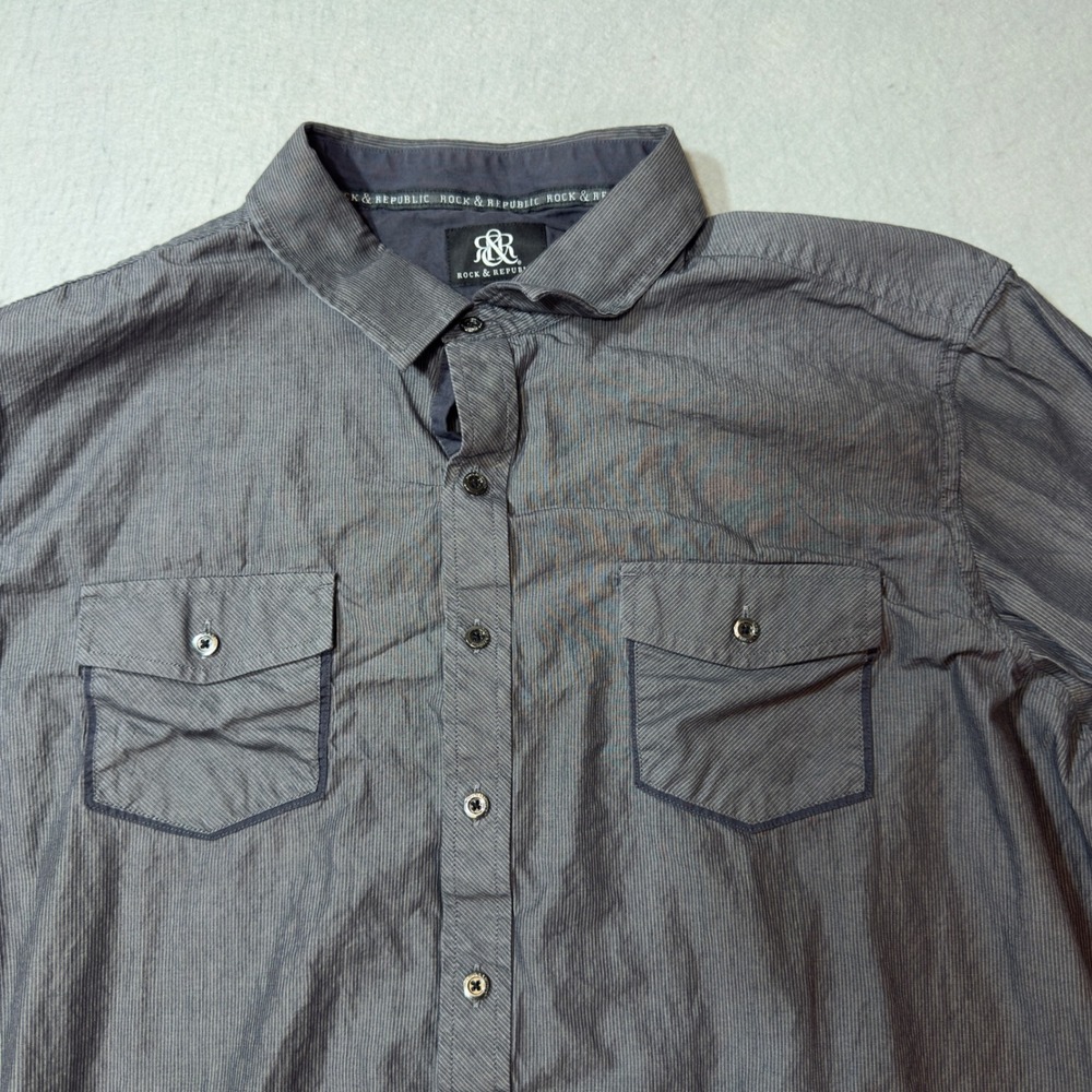 Rock & Republic Button Down Mens XXL Grey Excellent Pinstripe Long Sleeve Shirt